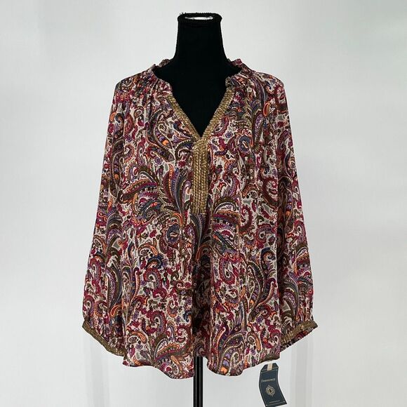 NWT DEMOCRACY Top XL 3/4 Blouson Sleeve Ruffle Split V-Neck Printed Sage Berry - Picture 5 of 16